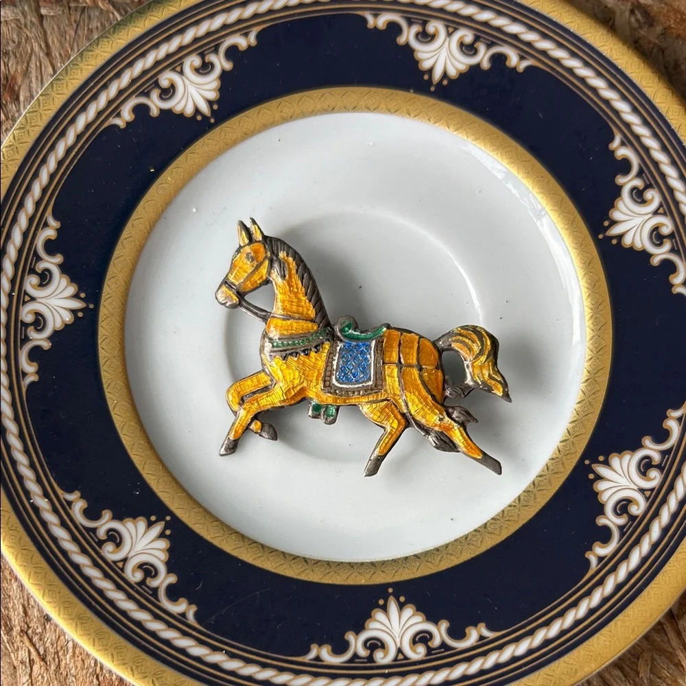 Vintage Siam Sterling Yellow Enamel Horse Brooch